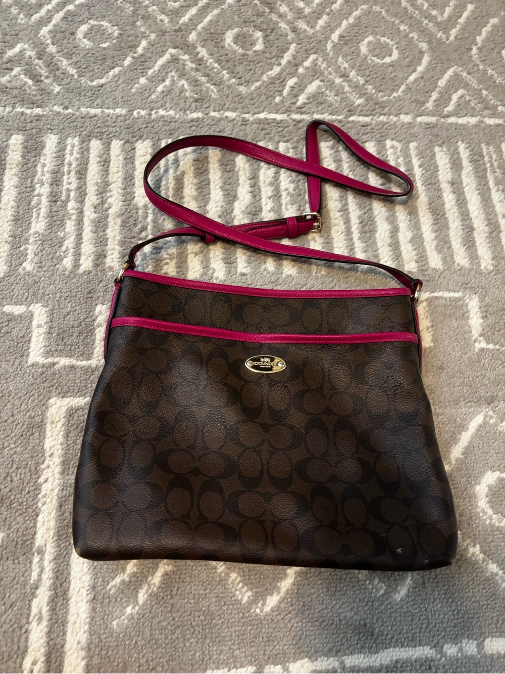 Coach Brown Signature Crossbody with Pink Trim